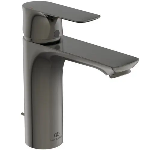 Einzelnes, modernes Waschbeckenarmatur in der Farbe Magnetic Grey von Ideal Standard. Mit flacher Hebelöffnung und seitlichem Abfluss.